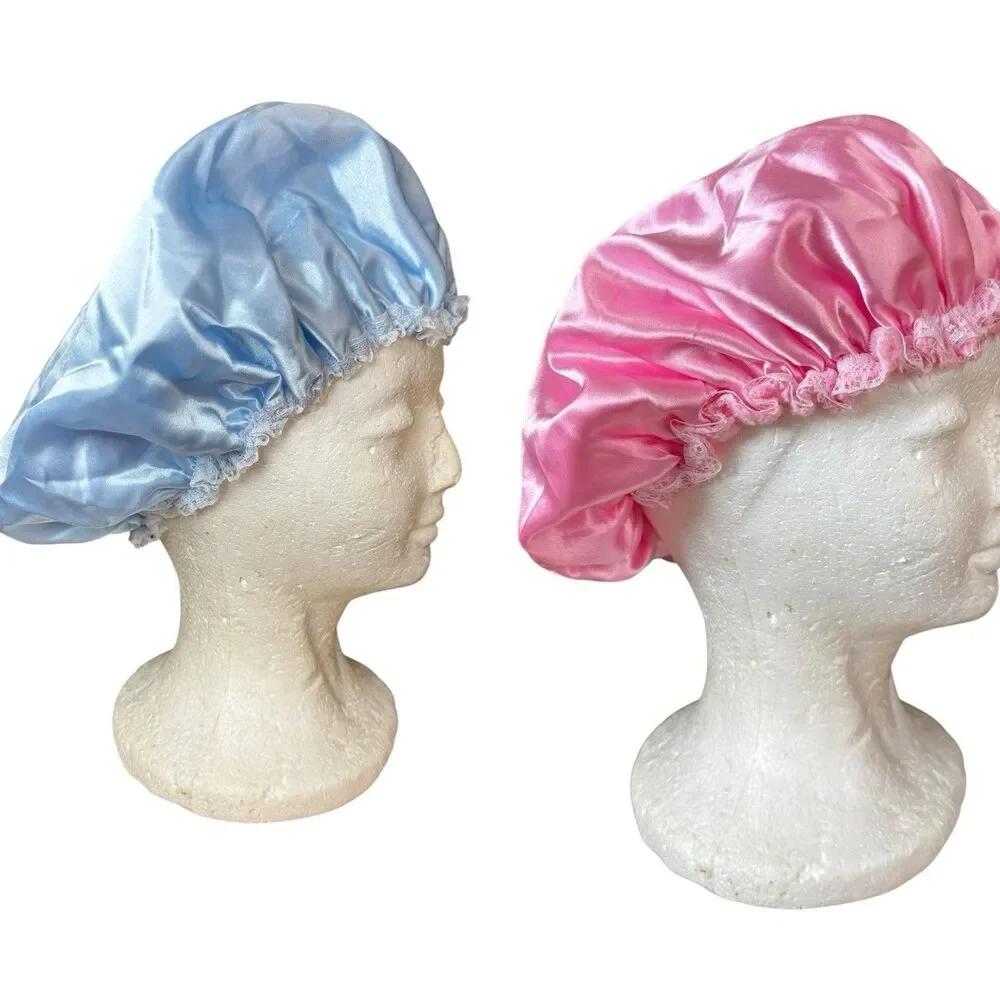 2 Satin Vintage Sleep Bonnet Hat Lace Trim Fleece Interior Cottagecore Night Cap